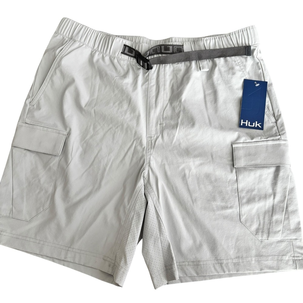 NEW Huk Creekbed Cargo Shorts Fishing Vented Nylon Belted Mens Small Gray $60